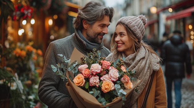 Photo a happy young couple with a large bouquet of red roses