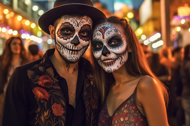 happy young couple with painted skull on his face outdoors Celebration of Mexico's Day of the Dead