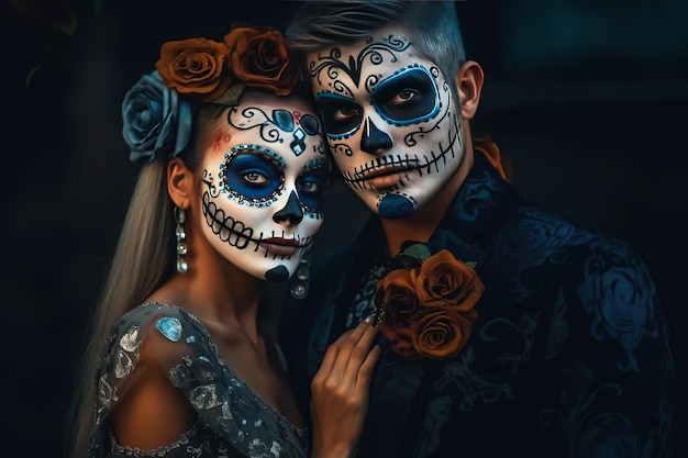 happy young couple with painted skull on his face outdoors Celebration of Mexico's Day of the Dead