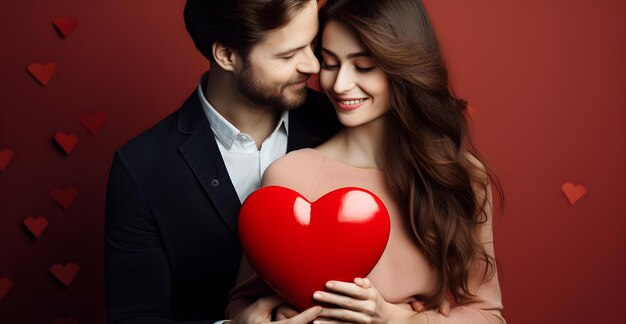 Happy young couple with red heart Lovers embracing each other celebrating Valentines Day