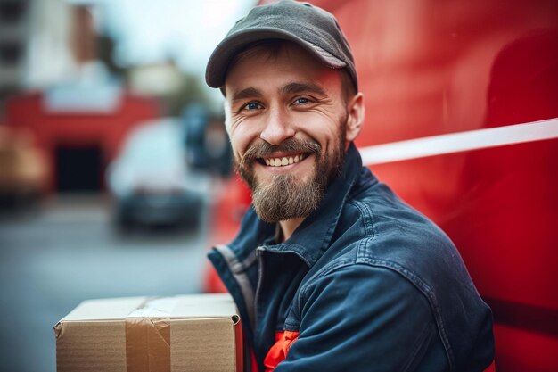 happy young delivery man in red cap standing with parcel post box