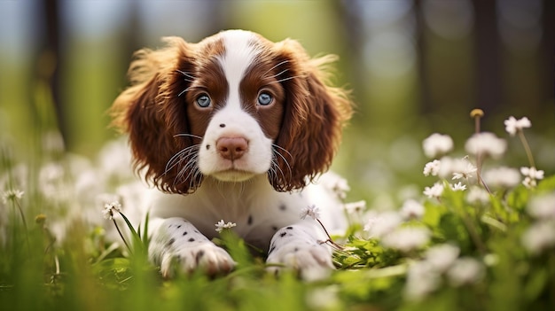 Happy young dog spring nature