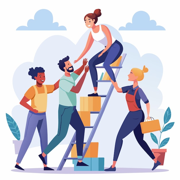 Happy young employees giving support and help each other flat illustration