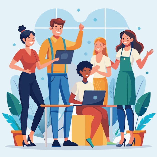 Happy young employees giving support and help each other flat illustration