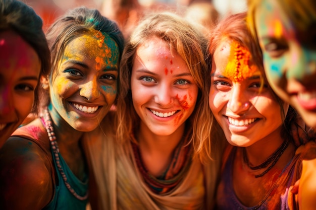 Felici giovani ragazze europee amiche con vernici a polvere colorate su di loro che festeggiano holi