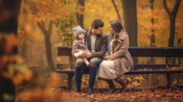 Happy young family in autumn park