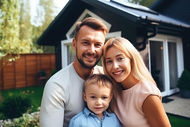 happy young family on the background of a modern new house