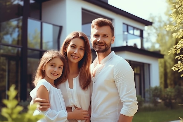 happy young family on the background of a modern new house