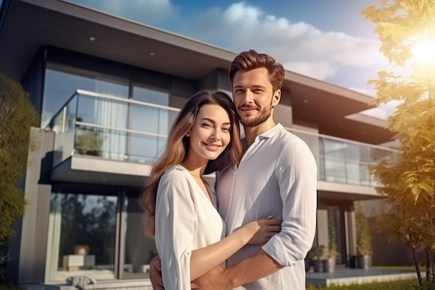 happy young family on the background of a modern new house