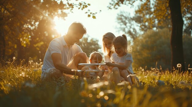 행복한 젊은 가족 아빠 엄마와 두 딸이 따뜻하고 화창한 날 공원 잔디밭에 앉아 비행기를 가지고 놀고 있습니다.