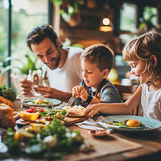 Happy young family eating meal at dining table Ai generative