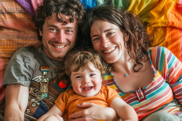 Foto una giovane famiglia felice che si diverte insieme con il bambino a casa sorridente con uno sfondo colorato