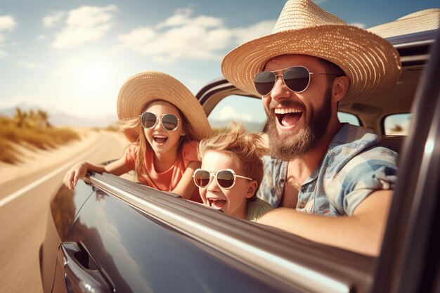 Happy young family riding in a car