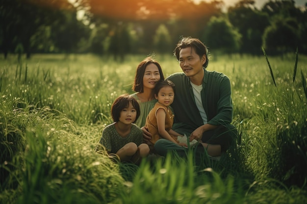 Happy young family sitting in a meadow Generative AI illustration