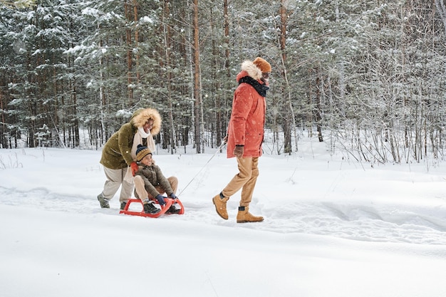 Happy young family of three in winterwear sledging along road between trees