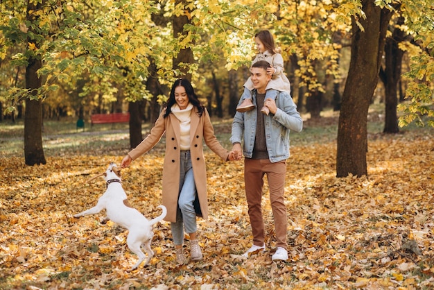 행복한 젊은 가족은 가을 공원에서 개와 산책하고 노는다