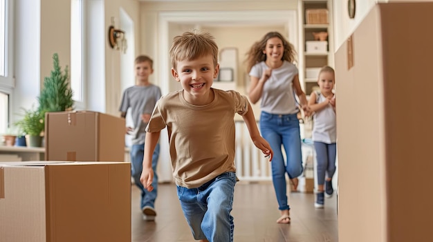 Happy young family with cardboard boxes in new home at moving day concept excited children running into big modern own house hallway parents with belongings at background mortgage loan relocation