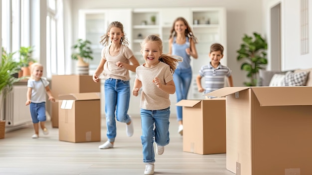 Happy young family with cardboard boxes in new home at moving day concept excited children running into big modern own house hallway parents with belongings at background mortgage loan relocation