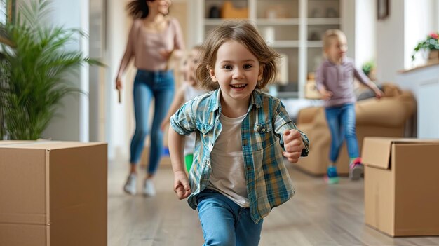 Foto giovane famiglia felice con scatole di cartone nella nuova casa al concetto del giorno del trasloco, bambini entusiasti che si imbattono in un grande e moderno corridoio di casa con i genitori con effetti personali durante il trasferimento del mutuo ipotecario in background