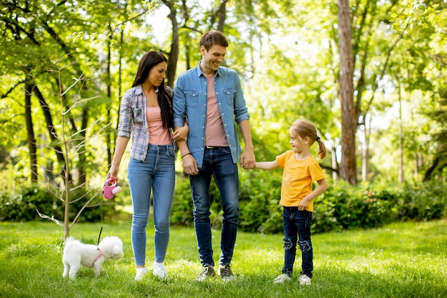 Felice giovane famiglia con simpatico cane bichon nel parco