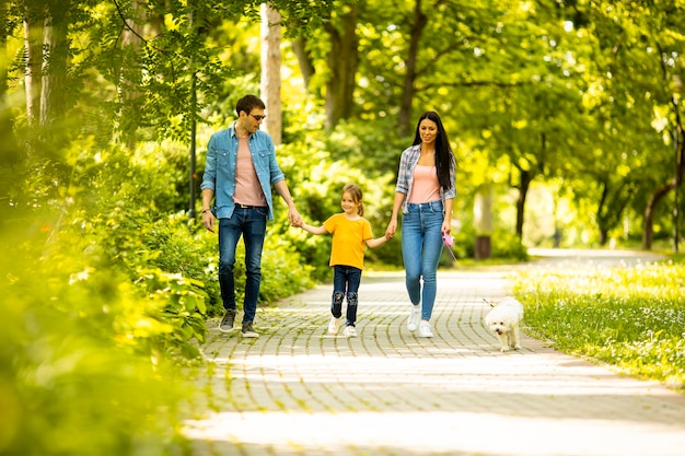 Felice giovane famiglia con simpatico cane bichon nel parco