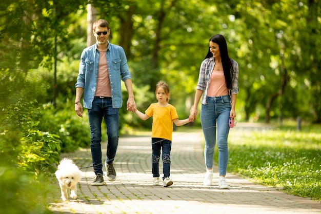 Felice giovane famiglia con simpatico cane bichon nel parco