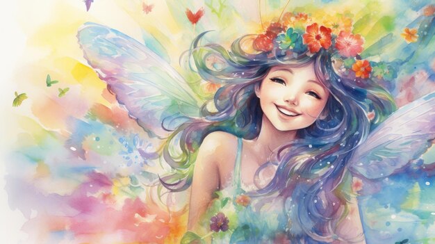 写真 虹のパステル水彩を使用した蝶の花を持つ幸せな若いファンタジー妖精の女の子