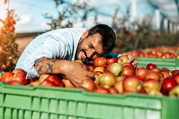 그의 사과 과수원에서 일하는 행복한 젊은 농부.