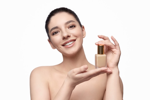 Happy young female against a white background