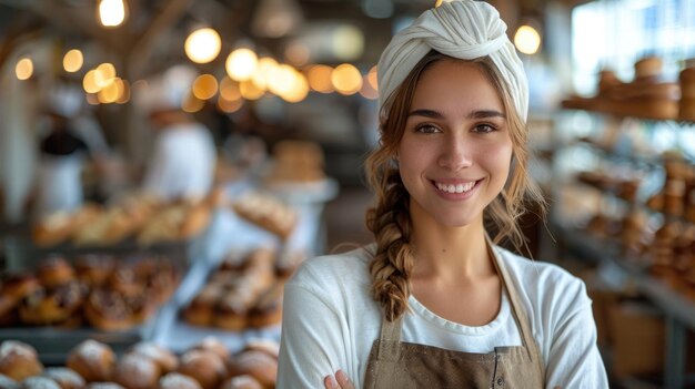 Photo happy young female baker in apron and headscarf at bakery