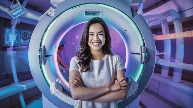 Photo happy young female dental patient standing in digital cephalometric panorama xray machine