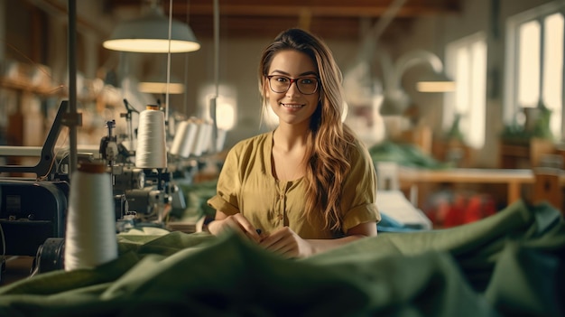 A happy young female seamstress working in textile factory and sewing fabric Generative Ai