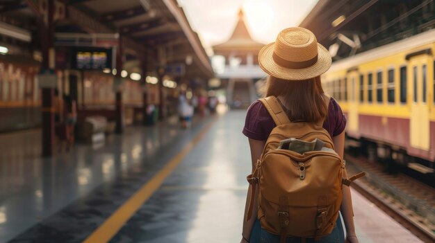 Happy young female tourist with a backpack stands on the platform of a modern train station waiting