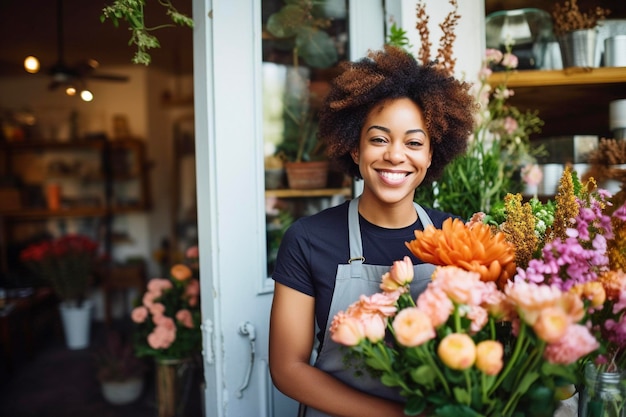 Happy young florist smiling while working in a florist shop