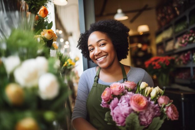 Happy young florist smiling while working in a florist shop