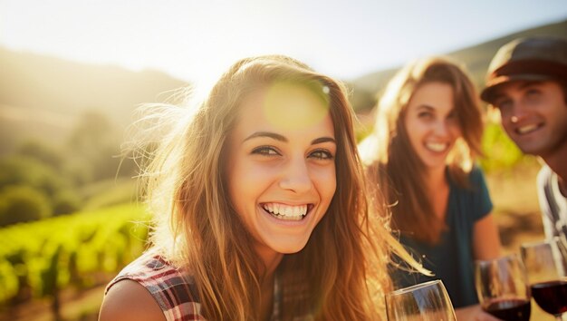 Photo happy young friends drinking wine outside in a vineyard picnic located in napa valley california