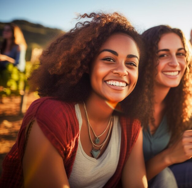 Happy young friends drinking wine outside in a vineyard picnic located in napa valley california