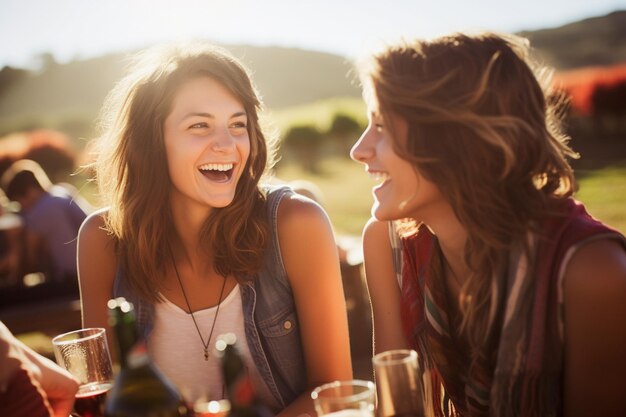 Foto giovani amici felici che bevono vino all'aperto in un picnic in un vigneto situato nella napa valley in california