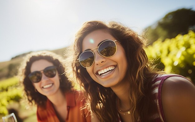 Photo happy young friends drinking wine outside in a vineyard picnic located in napa valley california