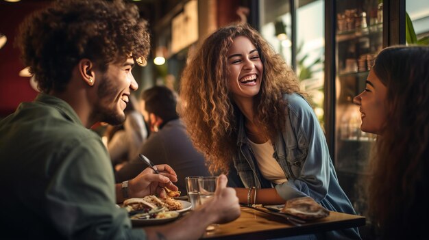 Happy young friends enjoy eating food and drinking talking together over lunch in a coffee shop