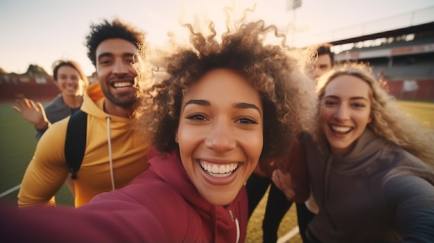 Foto giovani amici felici che si fanno un selfie nel parco