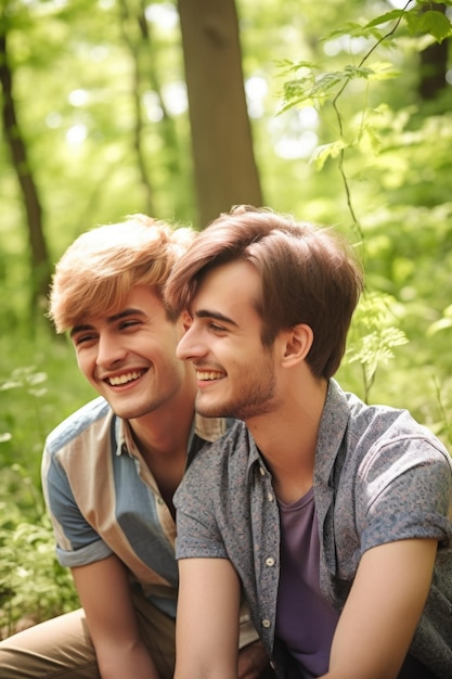 A happy young gay couple spending time outdoors created with generative ai