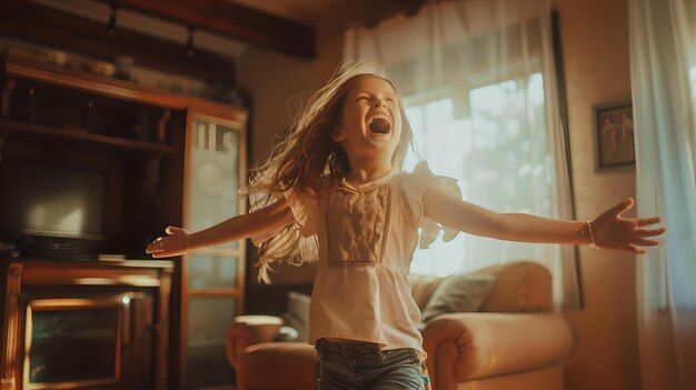 Happy young girl dancing in a sunlit living room expressing joy and freedom warm cozy home environment candid lifestyle moment captured AI