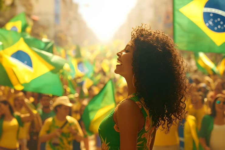 Photo happy young girl football fan celebrating her team victory latino woman with brazil flag laughing