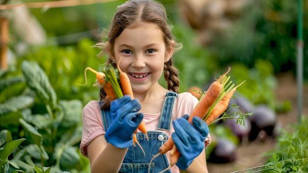 Счастливая молодая девушка, занимающаяся садоводством, с гордостью держащая свежую морковь Здоровье, питание и устойчивая жизнь Радость детства в природе Органический и экологически чистый ИИ