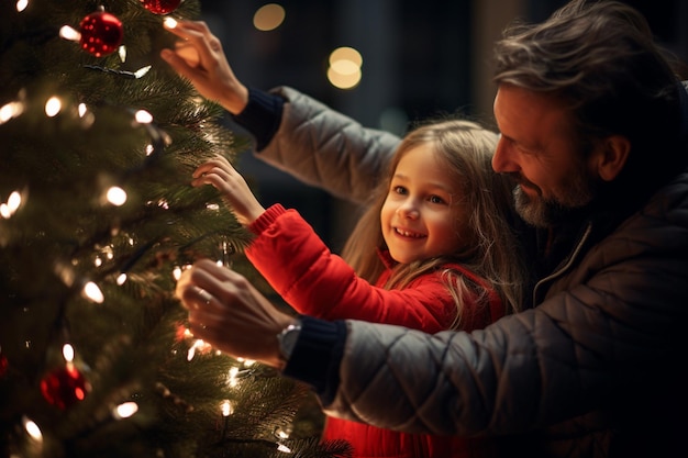 A happy young girl and her father decorating a christmas tree with a star with Generative AI