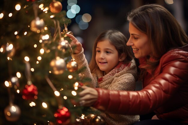 生成 AI を使用してクリスマス ツリーに星を飾る幸せな若い女の子とその母親