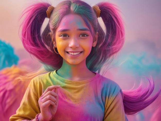 Photo happy young girl on holi festival of colors