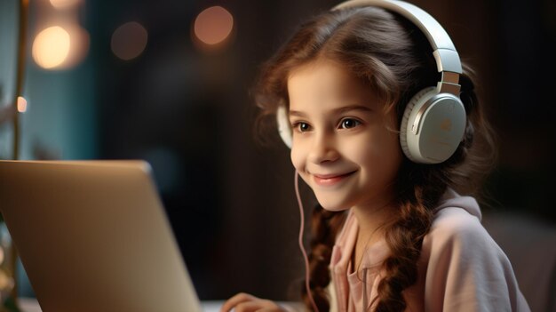 Happy young girl student wear headphone watch webinar listen online course communicate by conference video Homeschooling