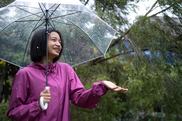 幸せな若い女の子は雨の中で傘とレインコートを着ています。